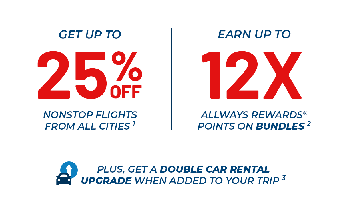 Get up to 25% off nonstop flights from all cities | Earn up to 12X Allways Rewards® Points on Bundles